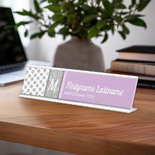 Silver Glitter Polka Dot Monogram Can CHANGE Desk Name Plate