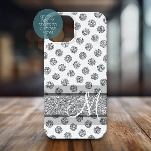 Silver Glitter Polka Dot Pattern with Monogram iPhone 13 Mini Case