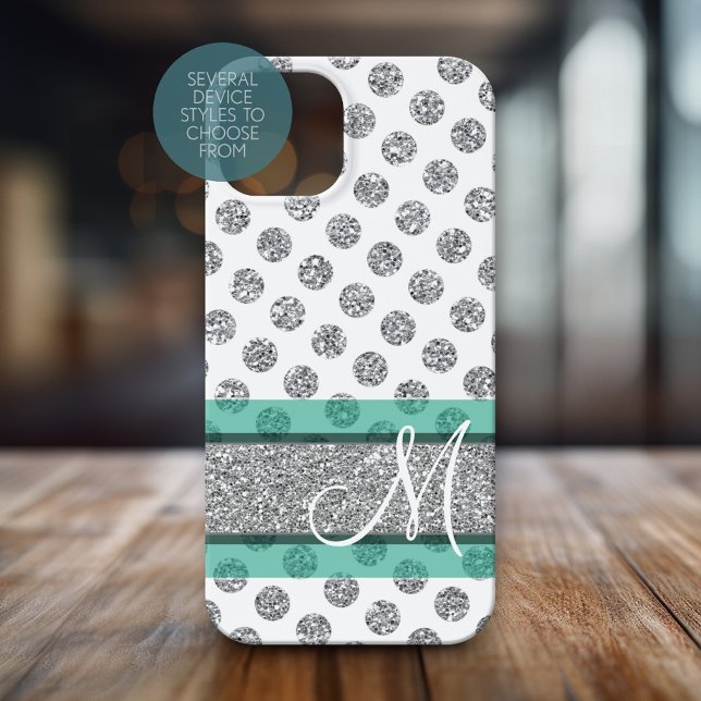 Silver Glitter Polka Dot Pattern with Monogram Case-Mate iPhone Case (Personalized Phone Case with Huge Monogram)