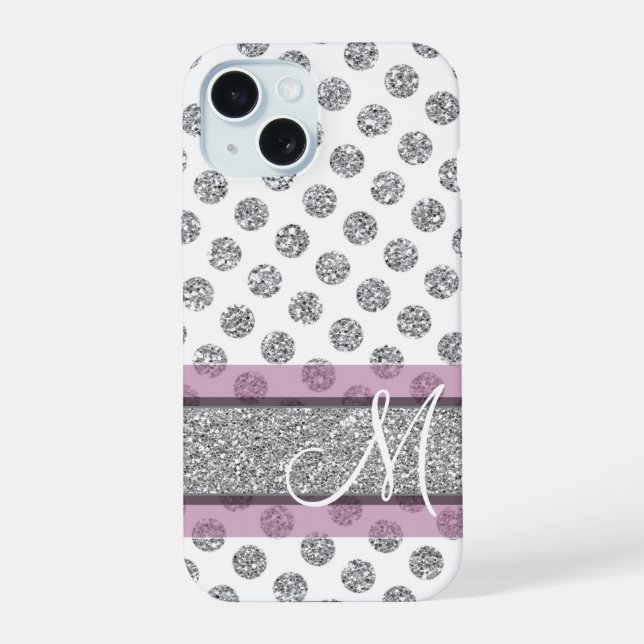 Silver Glitter Polka Dot Pattern with Monogram iPhone 15 Case (Back)