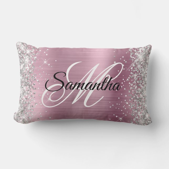Silver Glitter Pretty Pink Foil Monogram Lumbar Pillow (Front)