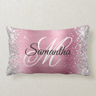 Silver Glitter Pretty Pink Foil Monogram Lumbar Pillow