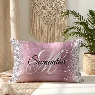 Silver Glitter Pretty Pink Foil Monogram Lumbar Pillow