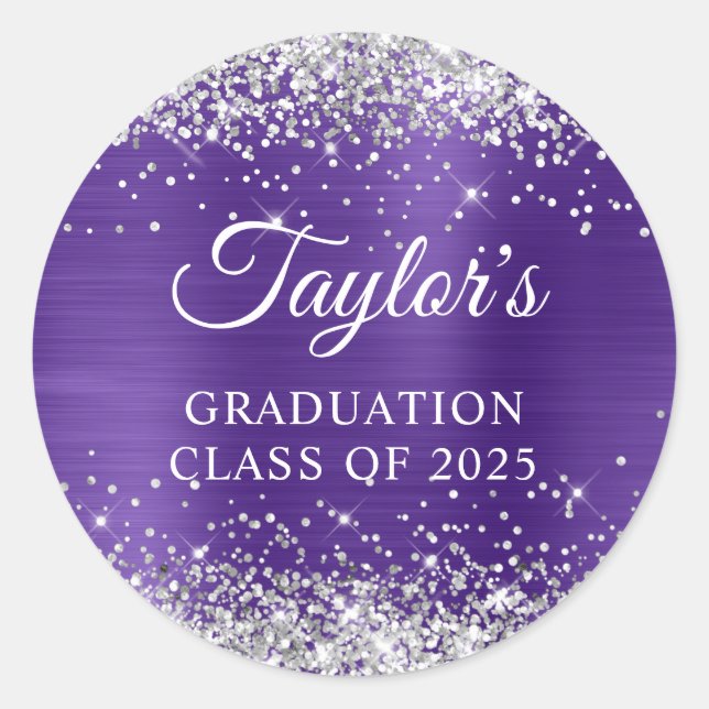 Silver Glitter Pretty Purple Foil Graduation Classic Round Sticker (Front)