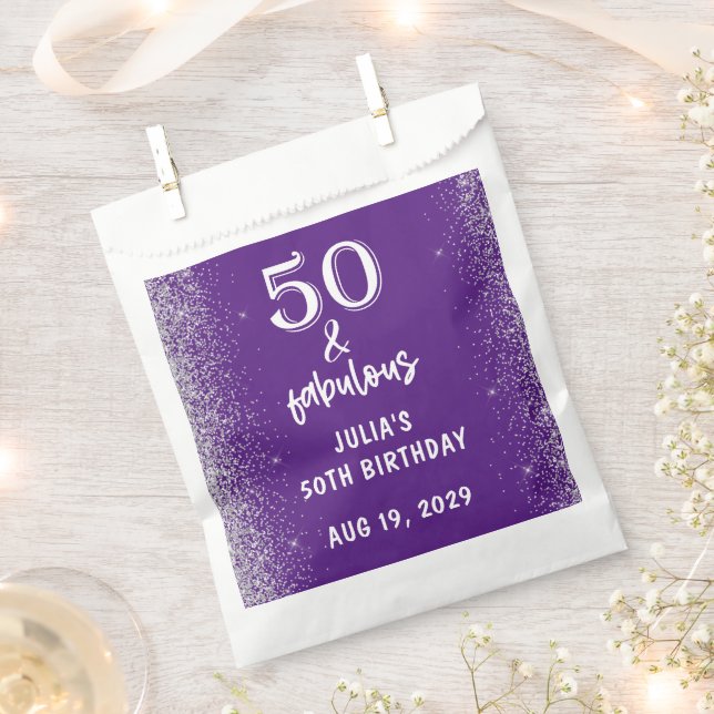 Silver Glitter Purple 50th Birthday Party Favour Bag (Clipped)