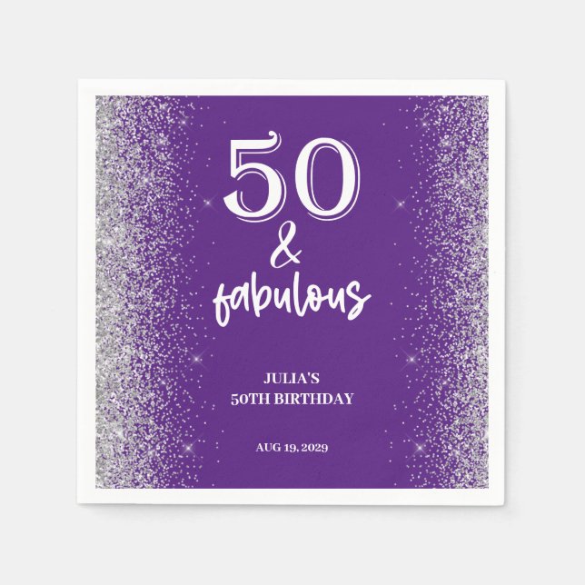 Silver Glitter Purple 50th Birthday Party  Napkin (Front)