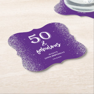Silver Glitter Purple 50th Birthday Party Paper Coaster
