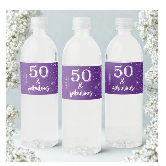 Silver Glitter Purple 50th Birthday Party  Water Bottle Label (Creator Uploaded)