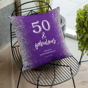 Silver Glitter Purple 50th Birthday Throw Pillow