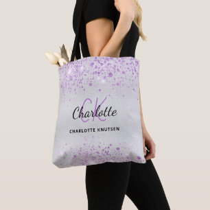 Silver glitter purple dust monogram initials tote bag