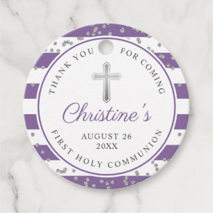 Silver Glitter Purple First Holy Communion Favour Tags