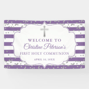 Silver Glitter Purple First Holy Communion Welcome Banner