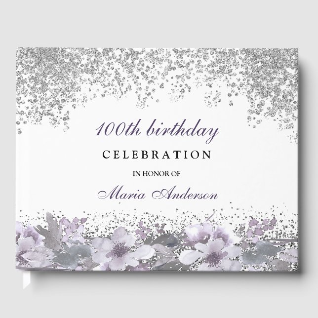 Silver Glitter Purple Floral 100th Birthday Party Guest Book (Front)
