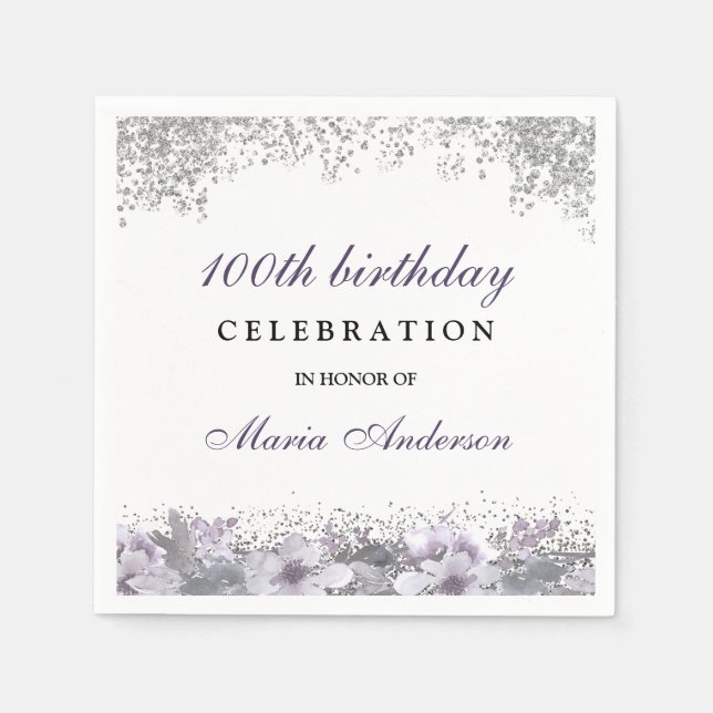 Silver Glitter Purple Floral 100th Birthday Party Napkin (Front)