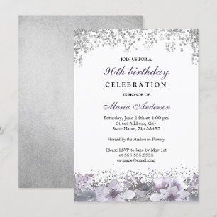 Silver Glitter Purple Floral 90th Birthday Invite