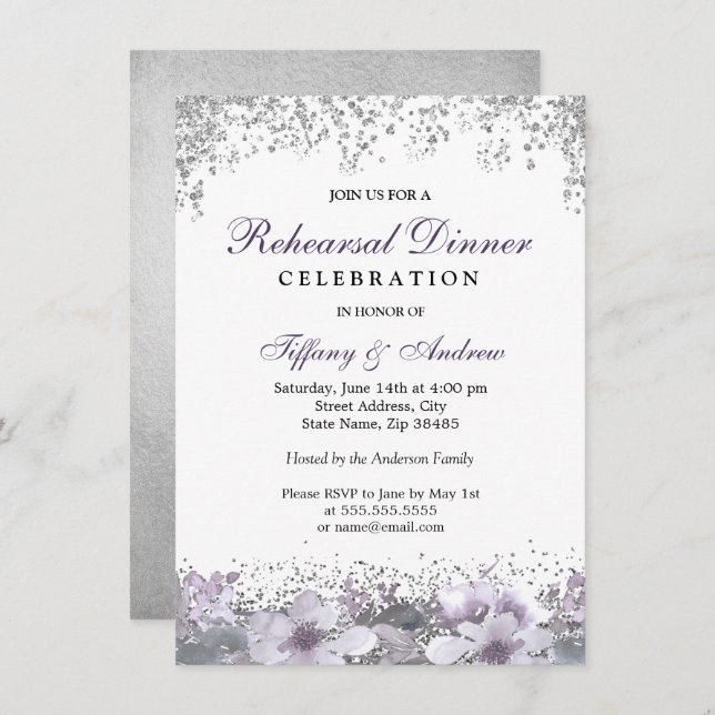 Silver Glitter Purple Floral Rehearsal Dinner Invitation (Front/Back)
