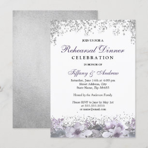 Silver Glitter Purple Floral Rehearsal Dinner Invitation