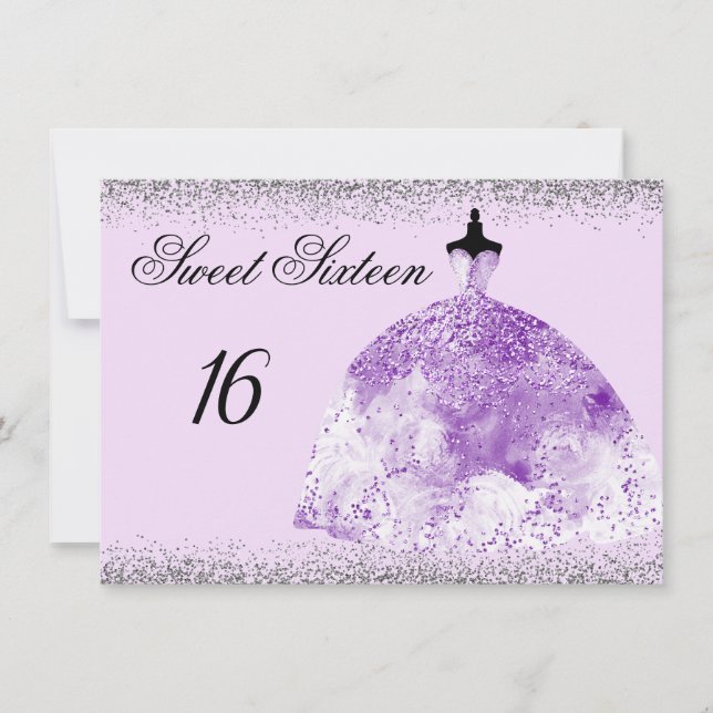 Silver Glitter Purple Gown Sweet 16 invitation (Front)