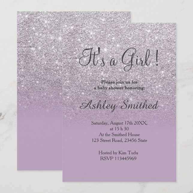 Silver glitter purple lilac ombre girl baby shower invitation (Front/Back)