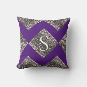 Silver Glitter Purple Monogram Bling Chic Throw Pillow
