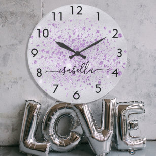 Silver glitter purple name script large clock