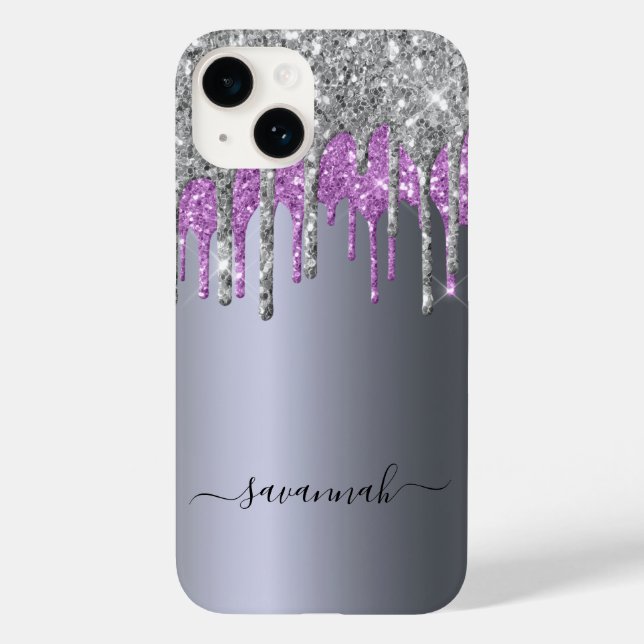 Silver glitter purple sparkle monogram glam Case-Mate iPhone case (Back)