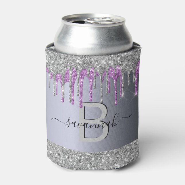 Silver glitter purple sparkle party monogram can cooler (Can Front)