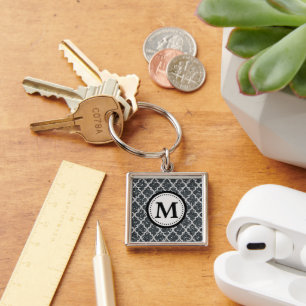 Silver Glitter Quatrefoil Pattern Monogram Keychain
