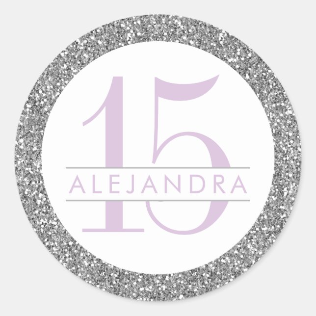 Silver Glitter Quince Años Favour Sticker Label (Front)