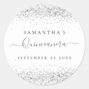 Silver Glitter Quinceañera Name Date Classic Round Sticker