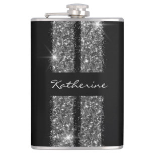 Silver Glitter Race Stripe Custom Personalized Hip Flask
