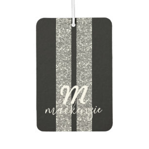 Silver Glitter Racing Stripes Monogrammed Car Air Freshener