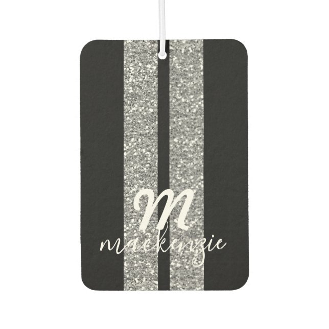 Silver Glitter Racing Stripes Monogrammed Car Air Freshener (Front)