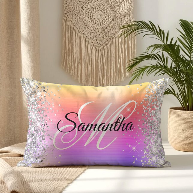 Silver Glitter Rainbow Foil Fancy Monogram Lumbar Pillow (Silver Glitter Rainbow Foil Fancy Monogram Lumbar Pillow)