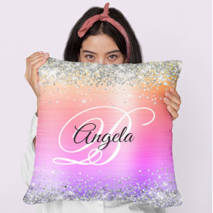 Silver Glitter Rainbow Foil Fancy Monogram Throw Pillow