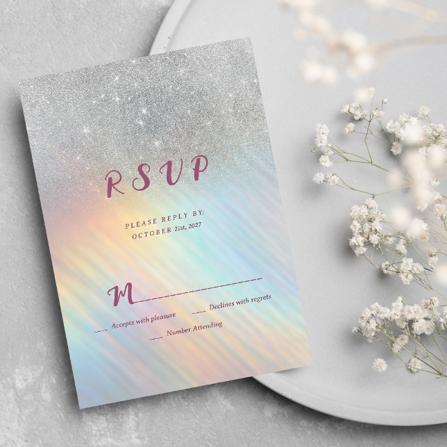 Silver glitter rainbow holographic RSVP Invitation (Silver glitter rainbow holographic RSVP)