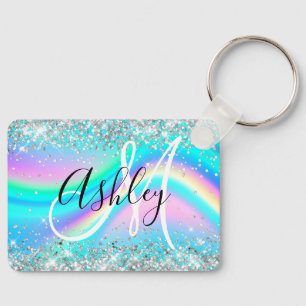 Silver Glitter Rainbow Wave Aqua Ombre Monogram Keychain