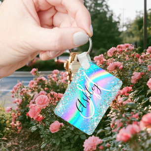 Silver Glitter Rainbow Wave Aqua Ombre Monogram Keychain