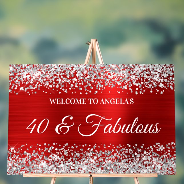 Silver Glitter Red 40 & Fabulous Birthday Welcome Acrylic Sign (Neutral)