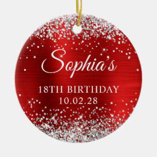 Silver Glitter Red Faux Foil 18th Birthday Photo Ceramic Ornament