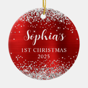 Silver Glitter Red Faux Foil 1st Christmas Photo Ceramic Ornament