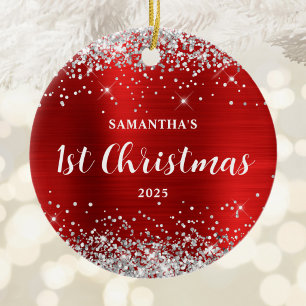 Silver Glitter Red Foil 1st Christmas Ceramic Ornament