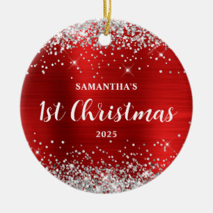Silver Glitter Red Foil 1st Christmas Ceramic Ornament