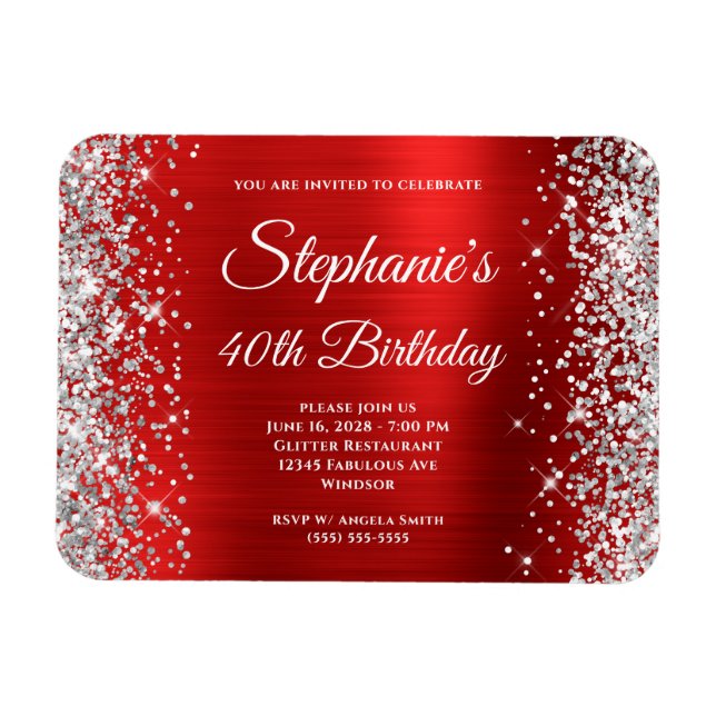 Silver Glitter Red Foil 40th Birthday Keepsake Magnet (Horizontal)