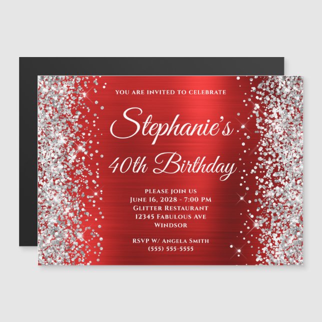 Silver Glitter Red Foil 40th Birthday Magnetic Invitation (Front/Back)