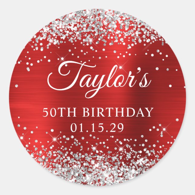 Silver Glitter Red Foil 50th Birthday Classic Round Sticker (Front)