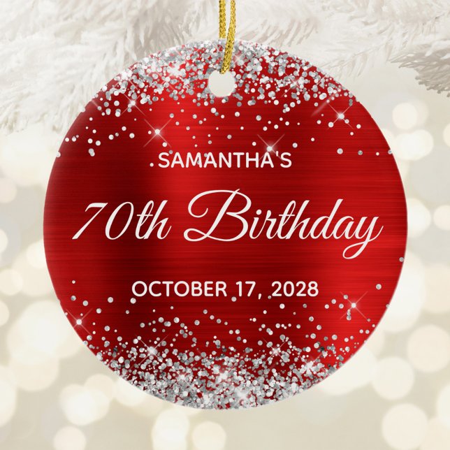 Silver Glitter Red Foil 70th Birthday Ceramic Ornament (Silver Glitter Hot Pink Foil 21st Birthday Photo Ceramic Ornament)