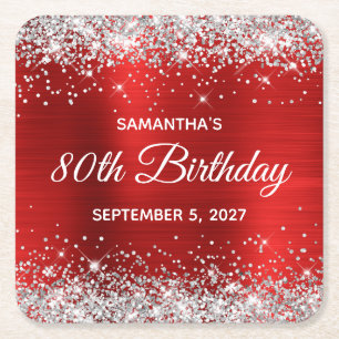 Silver Glitter Red Foil 80th Birthday Square Paper Coaster