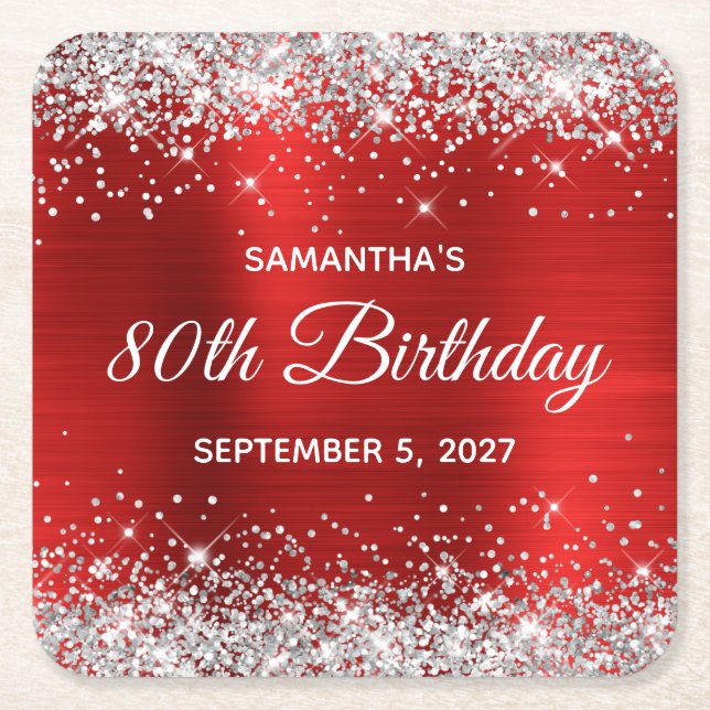 Silver Glitter Red Foil 80th Birthday Square Paper Coaster (Front)