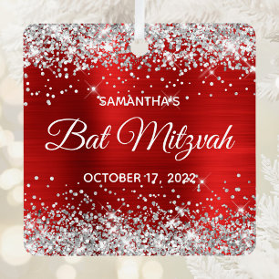 Silver Glitter Red Foil Bat Mitzvah Metal Ornament